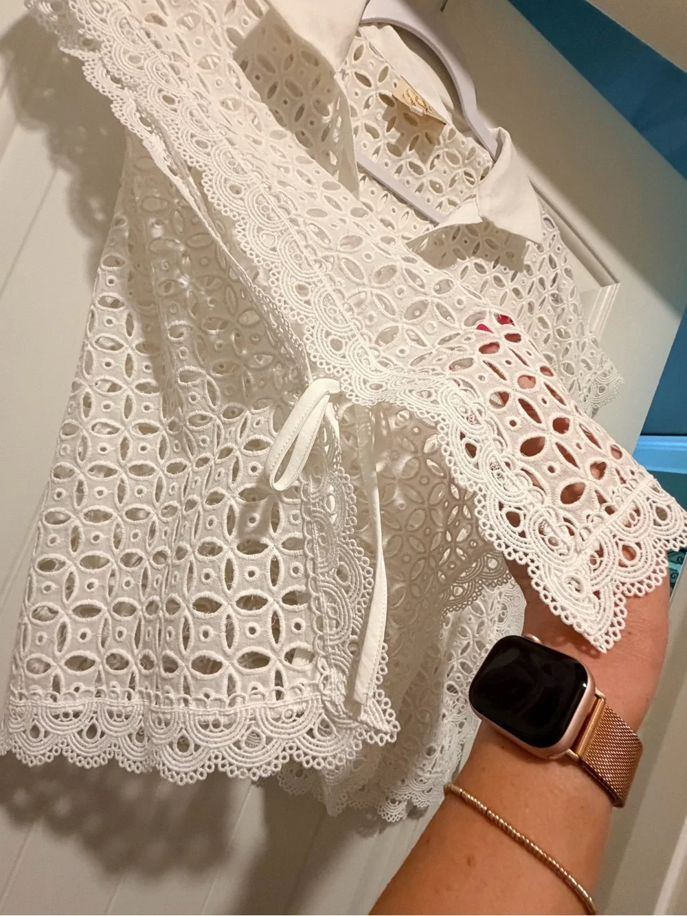 White Crochet Lace Polo Blouse - Women - Picture 3 of 6